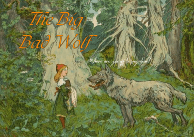 A painting of a little red riding hood and a wolf in a forest - 1904